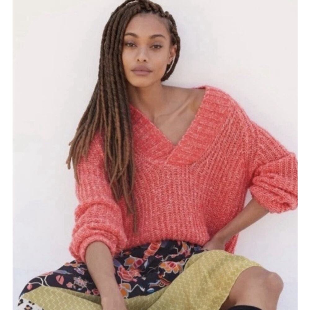 Anthropologie Honore Ribbed V-Neck Sweater XL Strawberry Pink Marl Wool Blend